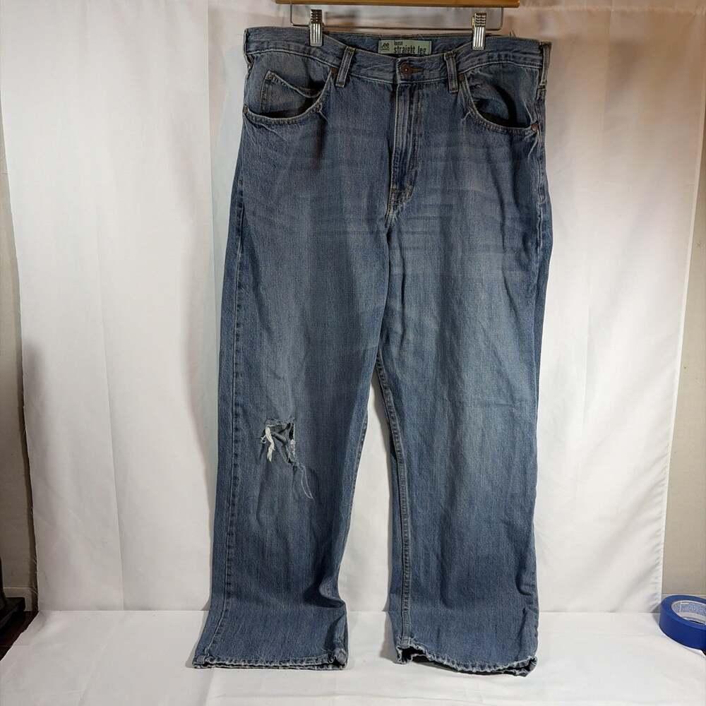 Lee Dungarees Straight Leg Jeans Mens 38x32 Faded Blue Distressed 100% Cotton
